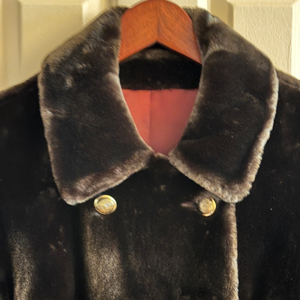 Luxurious Vintage Double-Breasted Chocolate Brown Faux Fur Teddy Coat W/P-S